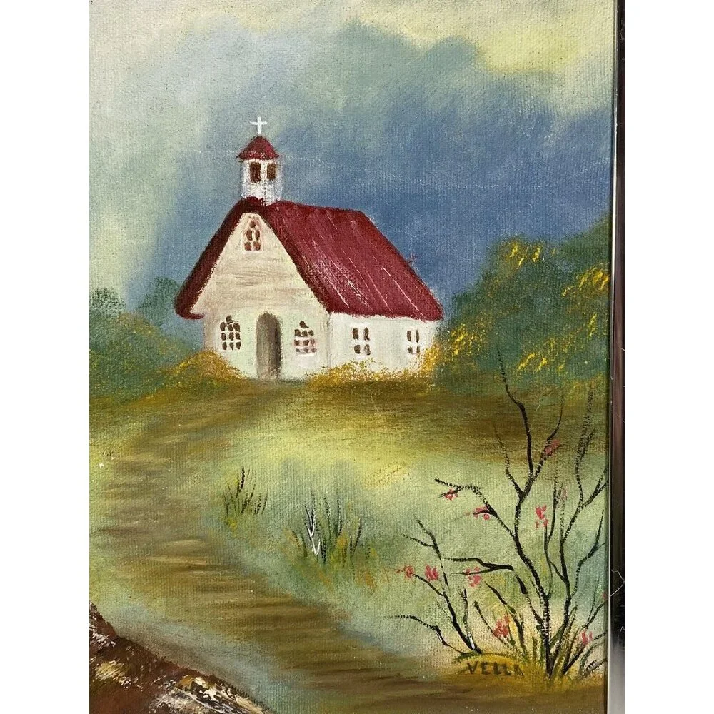 Original Acrylic on Canvas Country Pathway To Church By Vella 1993 Framed - Picture 3 of 10